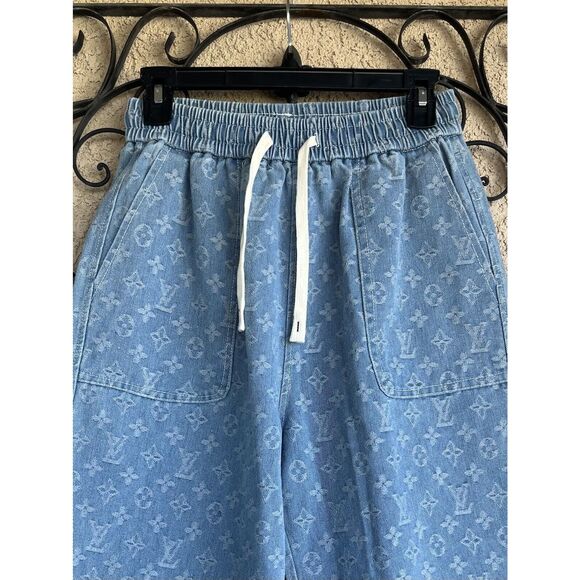 Faux Louis Vuitton Monogram Embroidered Men Denim Shorts - M/L - Light Wash Blue - Picture 2 of 7